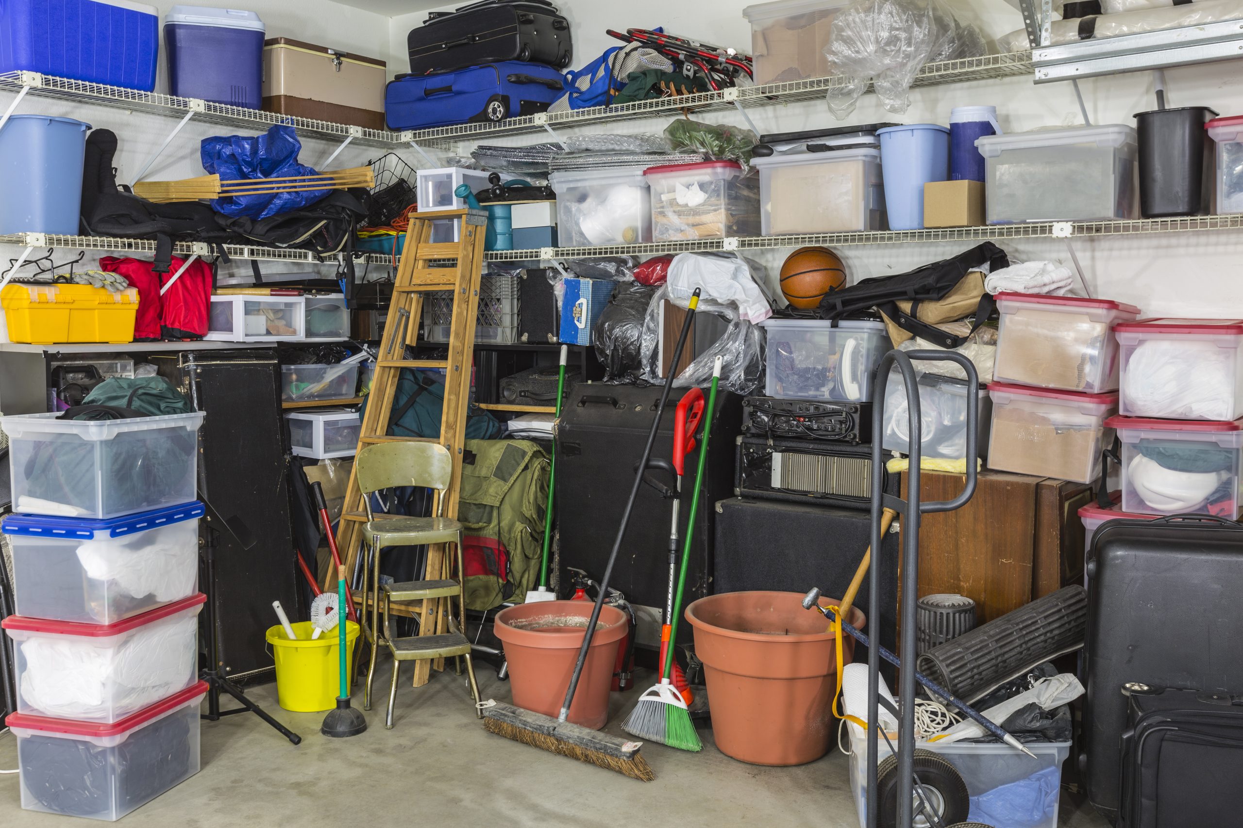 residential garage with junk